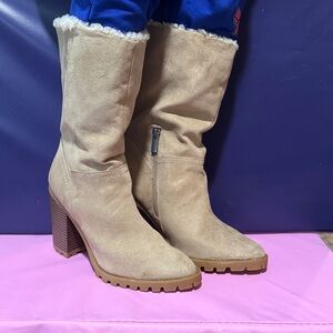 Mid-Calf Faux Suede Heeled Boots - Tan